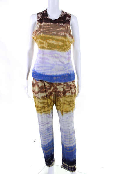 Raquel Allegra Womens Cotton Tie Dye Round Neck Blouse Pants Set Blue Size 2 3