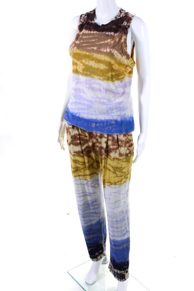 Raquel Allegra Womens Cotton Tie Dye Round Neck Blouse Pants Set Blue Size 2 3