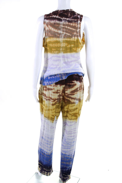 Raquel Allegra Womens Cotton Tie Dye Round Neck Blouse Pants Set Blue Size 2 3