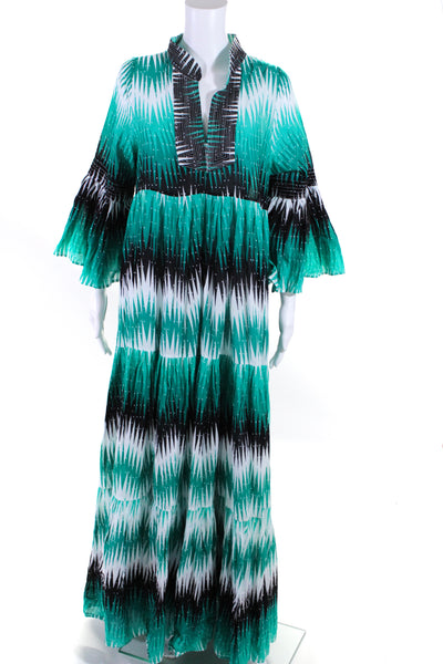 Sun Bunch Womens Cotton Geometric Print V-Neck Tiered Maxi Dress Green Size S