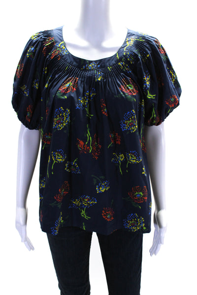 Ulla Johnson Womens Cotton Floral Print Short Sleeve Pullover Blouse Blue Size 6