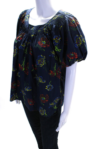 Ulla Johnson Womens Cotton Floral Print Short Sleeve Pullover Blouse Blue Size 6