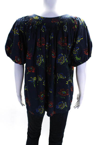 Ulla Johnson Womens Cotton Floral Print Short Sleeve Pullover Blouse Blue Size 6