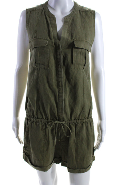 Joie Womens Button Front Sleeveless V Neck Woven Romper Green Linen Size Small