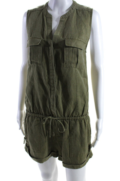 Joie Womens Button Front Sleeveless V Neck Woven Romper Green Linen Size Small