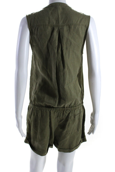 Joie Womens Button Front Sleeveless V Neck Woven Romper Green Linen Size Small