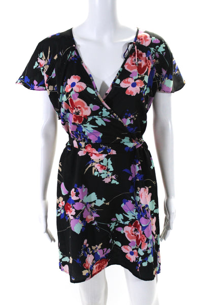 Yumi Kim Womens Floral Print V Neck A Line Dress Black Multi Colored Size Medium