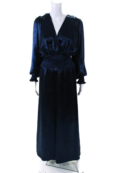 Caroline Constas Womens Ruched V-Neck Long Sleeve Zip Up Maxi Dress Blue Size S