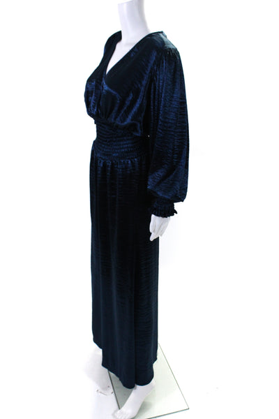 Caroline Constas Womens Ruched V-Neck Long Sleeve Zip Up Maxi Dress Blue Size S