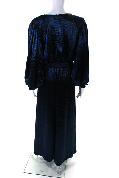 Caroline Constas Womens Ruched V-Neck Long Sleeve Zip Up Maxi Dress Blue Size S