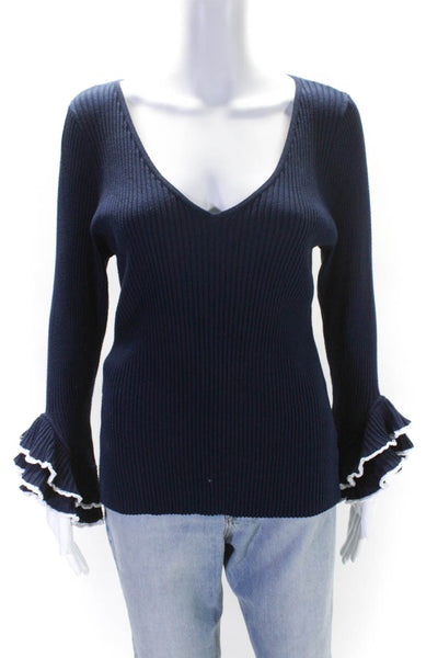 Milly Womens Navy Ribbed V-Neck Ruffle Long Sleeve Pullover Sweater Top Sized 14