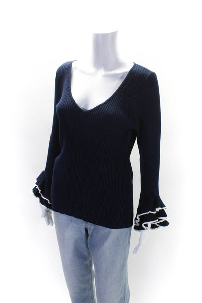 Milly Womens Navy Ribbed V-Neck Ruffle Long Sleeve Pullover Sweater Top Sized 14