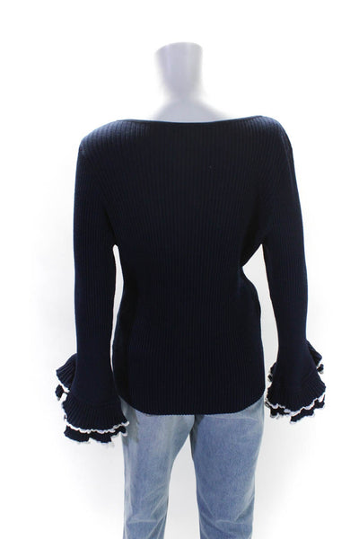 Milly Womens Navy Ribbed V-Neck Ruffle Long Sleeve Pullover Sweater Top Sized 14