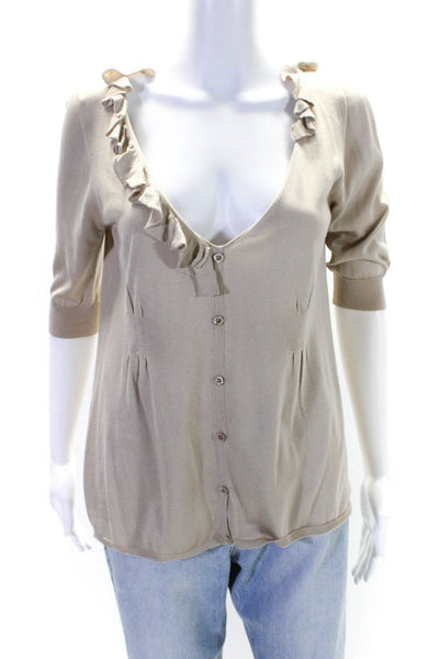 Prada Womens Taupe Brown V-Neck Ruffle Detail 3/4 Sleeve Blouse Top Size 46