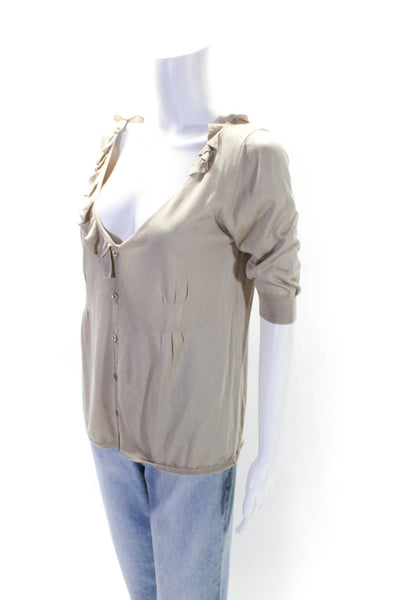 Prada Womens Taupe Brown V-Neck Ruffle Detail 3/4 Sleeve Blouse Top Size 46