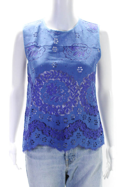 Valerie Khalfon Womens Blue Purple Floral Lace Sleeveless Blouse Top Size 40