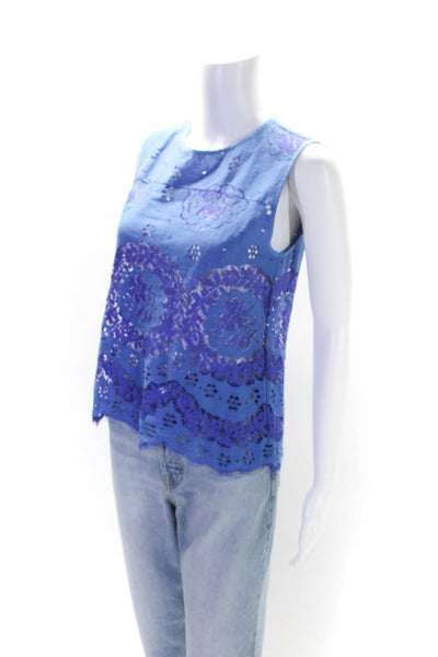 Valerie Khalfon Womens Blue Purple Floral Lace Sleeveless Blouse Top Size 40