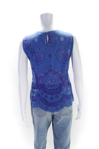 Valerie Khalfon Womens Blue Purple Floral Lace Sleeveless Blouse Top Size 40