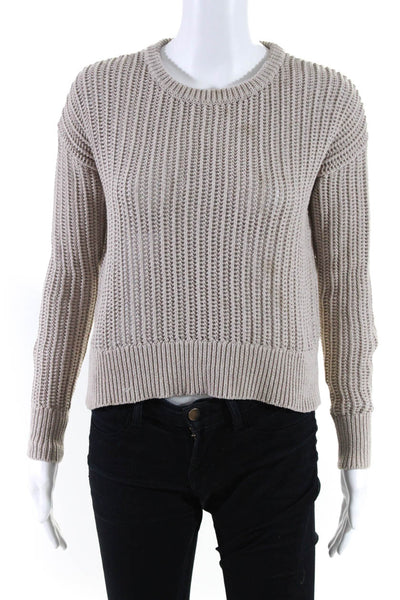 Theory Women's Round Neck Long Sleeves Open Knit Pullover Sweater Beige Size P