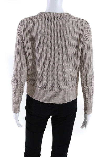 Theory Women's Round Neck Long Sleeves Open Knit Pullover Sweater Beige Size P