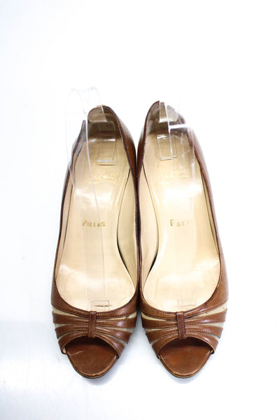 Christian Louboutin Womens Peep Toe Slip On Wedge Pumps Brown Leather 37.5 7.5