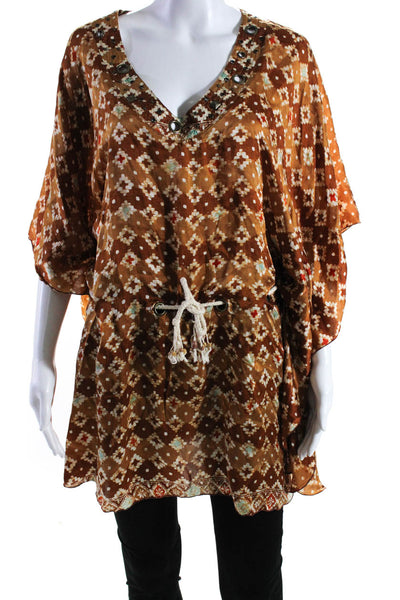 Poupette St. Barth Womens Printed Satin Bat Wing Tunic Blouse Brown One Size