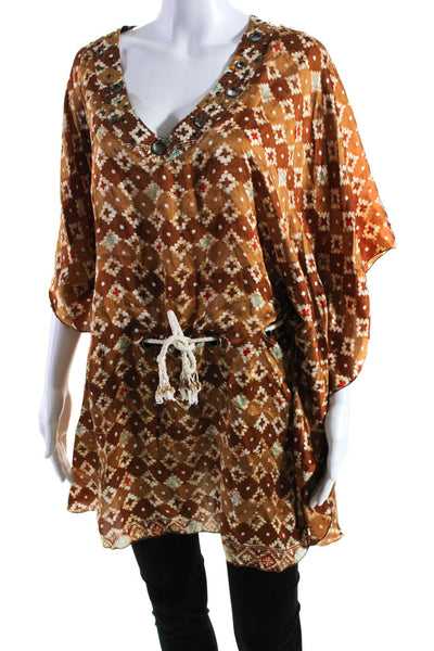 Poupette St. Barth Womens Printed Satin Bat Wing Tunic Blouse Brown One Size