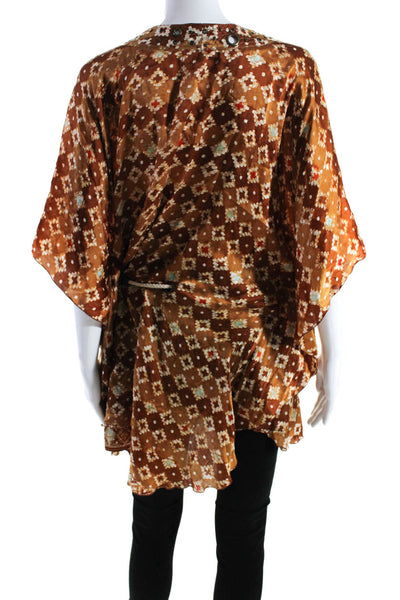 Poupette St. Barth Womens Printed Satin Bat Wing Tunic Blouse Brown One Size