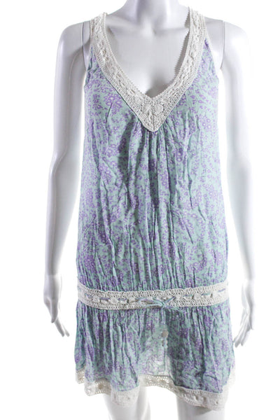 Poupette St. Barth Womens Lace V Neck Floral Drop Waist Dress Blue Purple Size 2