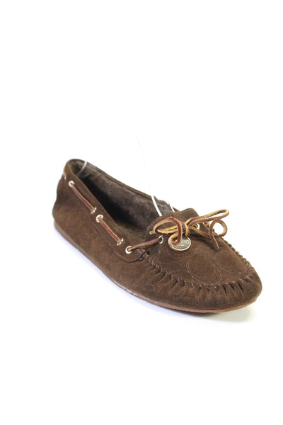 Coach Womens Suede Slide On Gold Tone Moccasin Flats Dark Brown Size 10