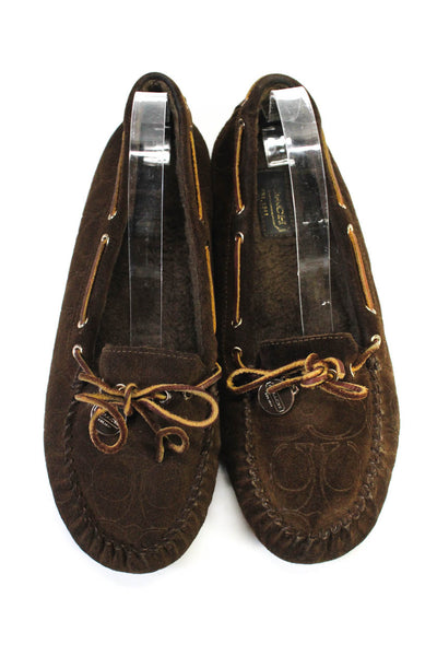 Coach Womens Suede Slide On Gold Tone Moccasin Flats Dark Brown Size 10