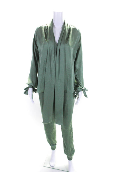 JC Obando Womens Tied Collared Long Sleeve Blouse Pants Set Green Size 4 2