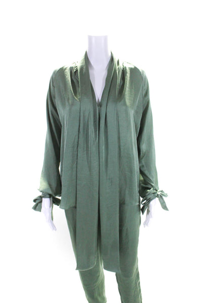 JC Obando Womens Tied Collared Long Sleeve Blouse Pants Set Green Size 4 2