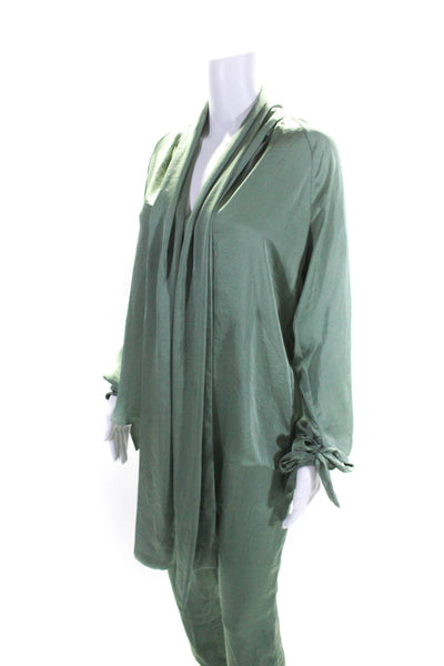 JC Obando Womens Tied Collared Long Sleeve Blouse Pants Set Green Size 4 2