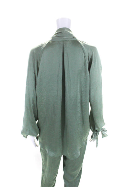 JC Obando Womens Tied Collared Long Sleeve Blouse Pants Set Green Size 4 2