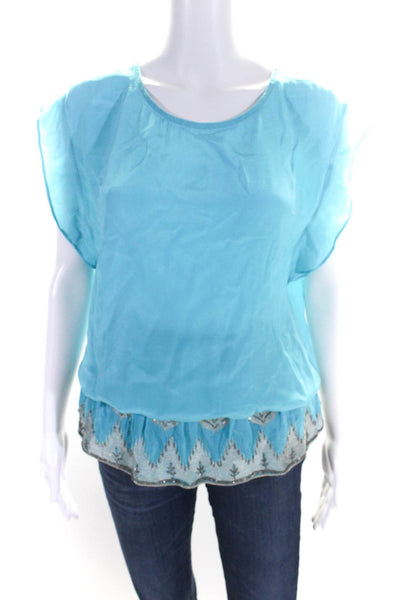 Lolita Jaca Womens Silk Beaded Round Neck Short Sleeve Blouse Top Blue Size S