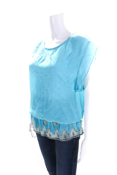 Lolita Jaca Womens Silk Beaded Round Neck Short Sleeve Blouse Top Blue Size S