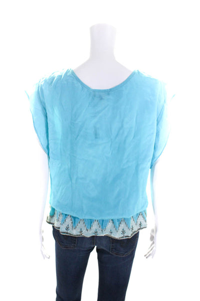 Lolita Jaca Womens Silk Beaded Round Neck Short Sleeve Blouse Top Blue Size S