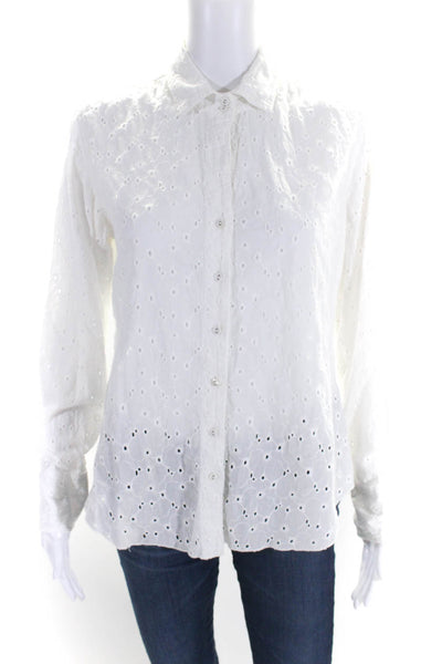 Cino Womens Cotton Embroidered Long Sleeve Button Up Blouse Top White Size XS