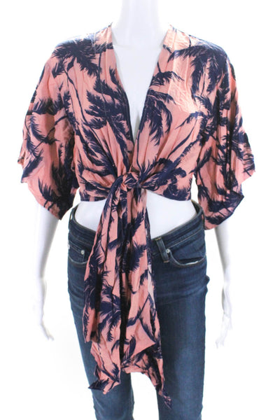 Cindigindi Womens Palm Tree Print Short Sleeve Wrap Blouse Top Pink Size M