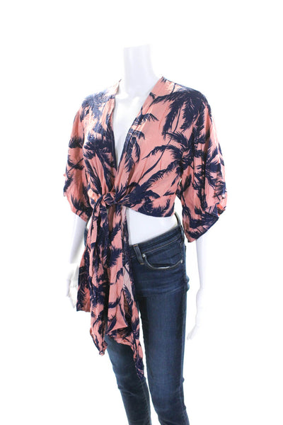 Cindigindi Womens Palm Tree Print Short Sleeve Wrap Blouse Top Pink Size M