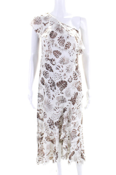 Z & L Womens Leaf Print Sleeveless Zip Up One Shoulder Maxi Dress White Size M