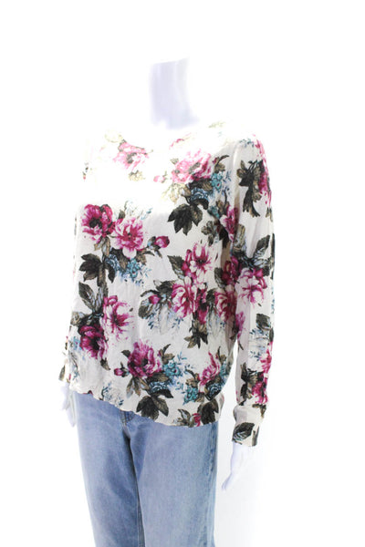 Joie Womens Crew Neck Floral Thin Knit Sweater Pink White Blue Size Small