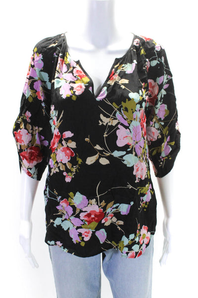 Yumi Kim Womens 3/4 Sleeve Floral Y Neck Top Blouse Black Pink Blue Size Medium