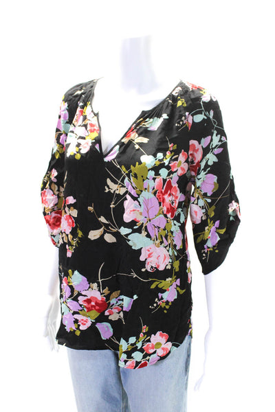 Yumi Kim Womens 3/4 Sleeve Floral Y Neck Top Blouse Black Pink Blue Size Medium