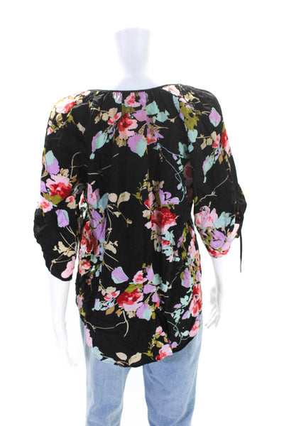 Yumi Kim Womens 3/4 Sleeve Floral Y Neck Top Blouse Black Pink Blue Size Medium