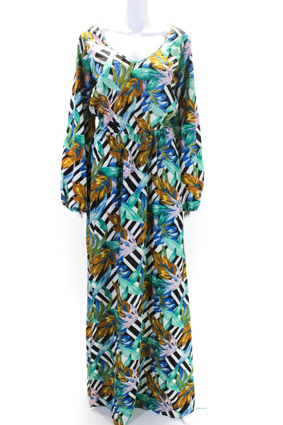 Show Me Your Mumu Womens Striped Leaf A Line Maxi Dress Blue Green Size Medium