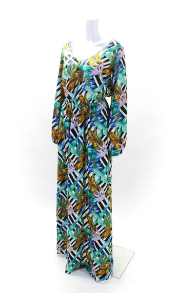 Show Me Your Mumu Womens Striped Leaf A Line Maxi Dress Blue Green Size Medium