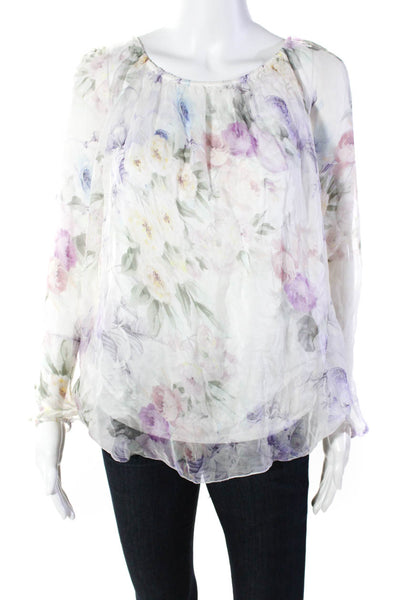 Viola Borghi Womens Silk Floral Print Long Sleeves Blouse White Size Small