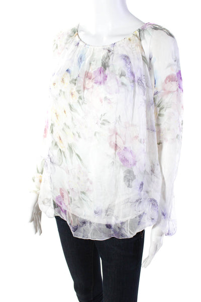 Viola Borghi Womens Silk Floral Print Long Sleeves Blouse White Size Small